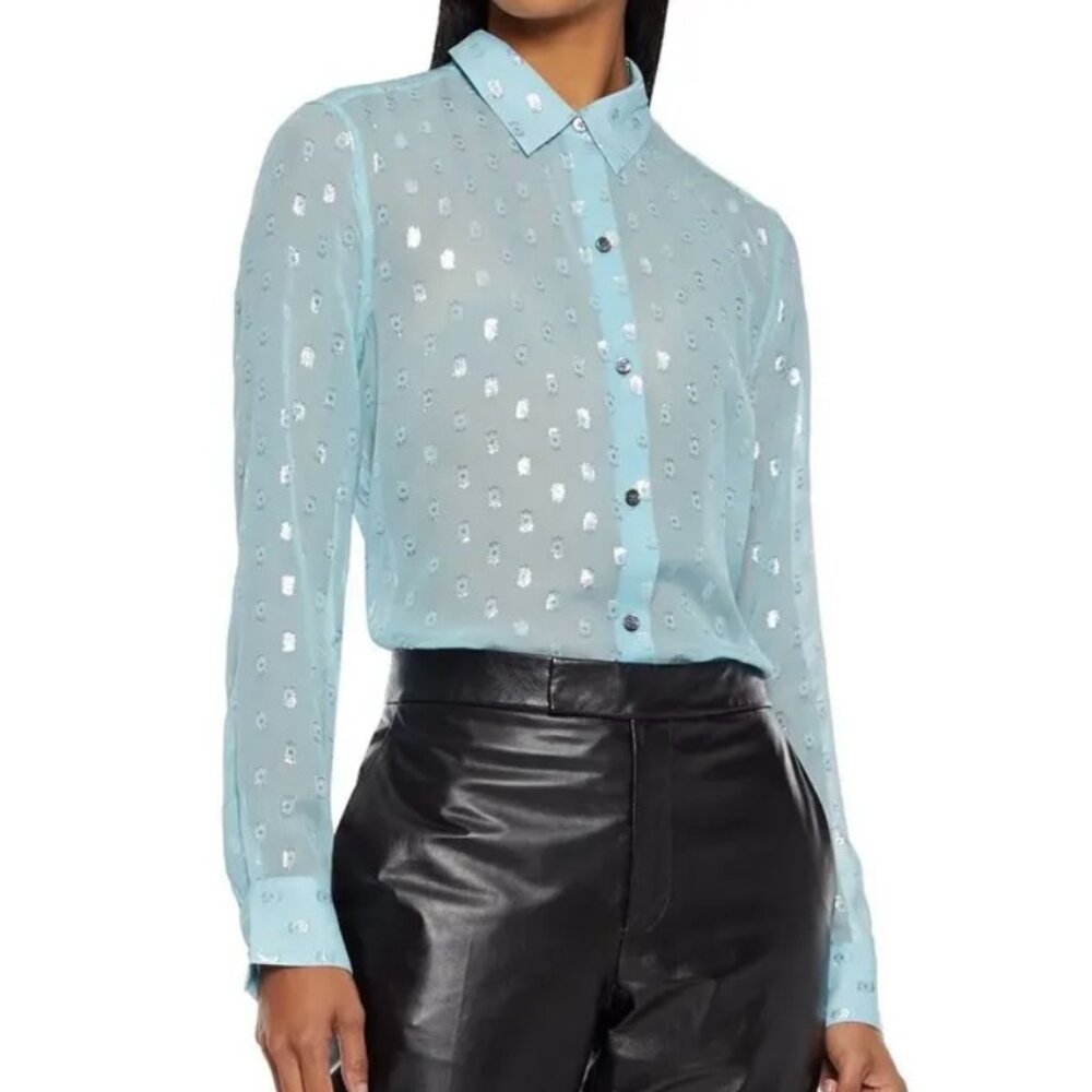 Equipment essential semi-sheer long sleeve metallic fil coupé blouse L